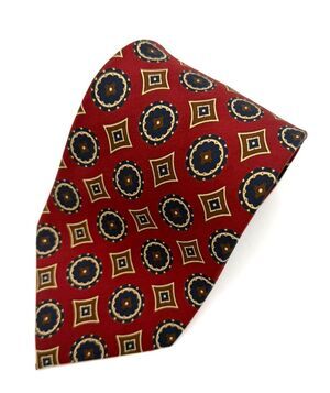 Roundtree & Yorke Men's 100% Silk Tie Handmade in Italy Red Geometric Medallion